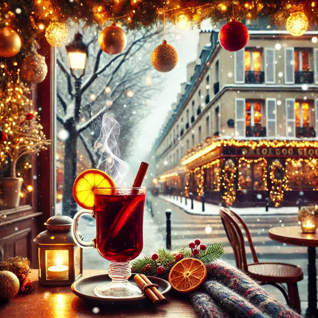 Vin fiert servit într-un bistro parizian decorat de Crăciun, perfect pentru un city break iarna Vin fiert servit într-un bistro parizian decorat de Crăciun, perfect pentru un city break iarna